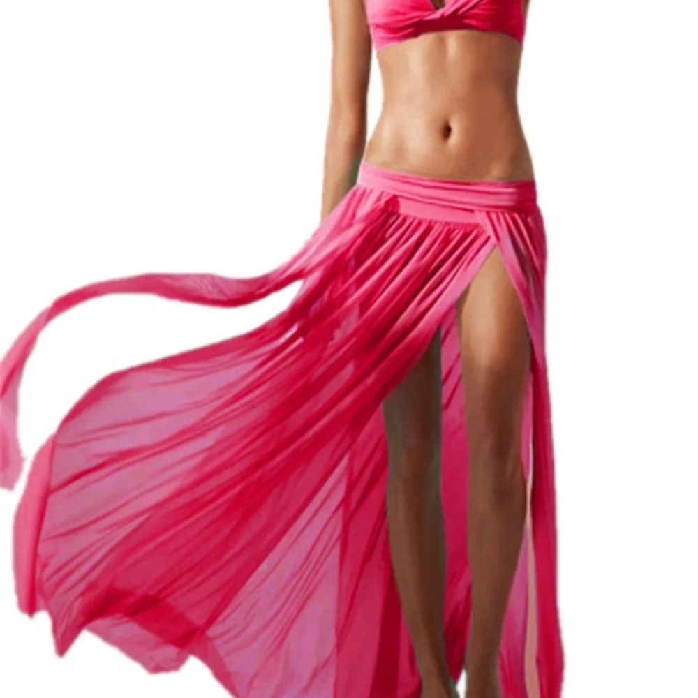 PINK sheer gauze Bikini cover up skirt sexy spilt